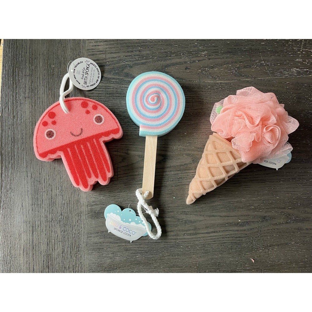 Lot of LULU & COCO  Bath Sponge Loofa Set - Jellyfish, Lollipop, Ice Cream